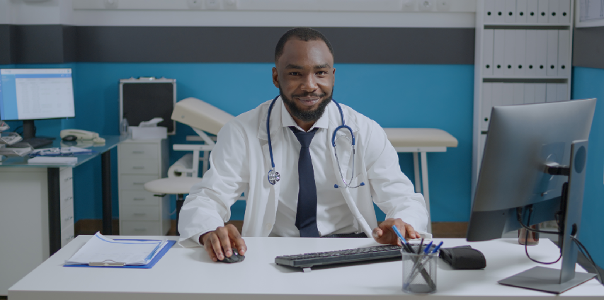Portrait African American Specialist Doctor Sitting Desk